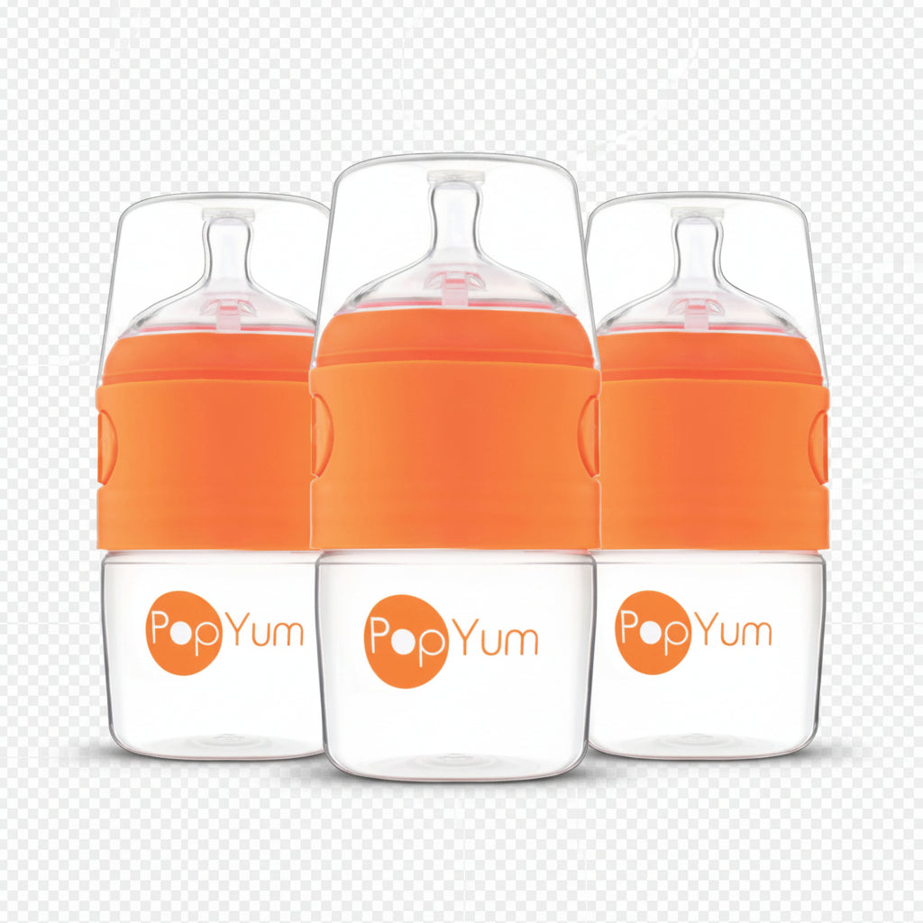 PopYum 5oz Anti-Colic Baby Bottle for Breast and Formula Feeding, 3-Pack, Orange, #1 Slow Flow Nipples
