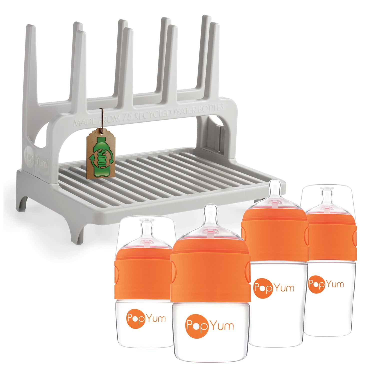 PopYum Orange Formula Making Baby Bottle 4-Pack Set with Gray Drying Rack Bundle
