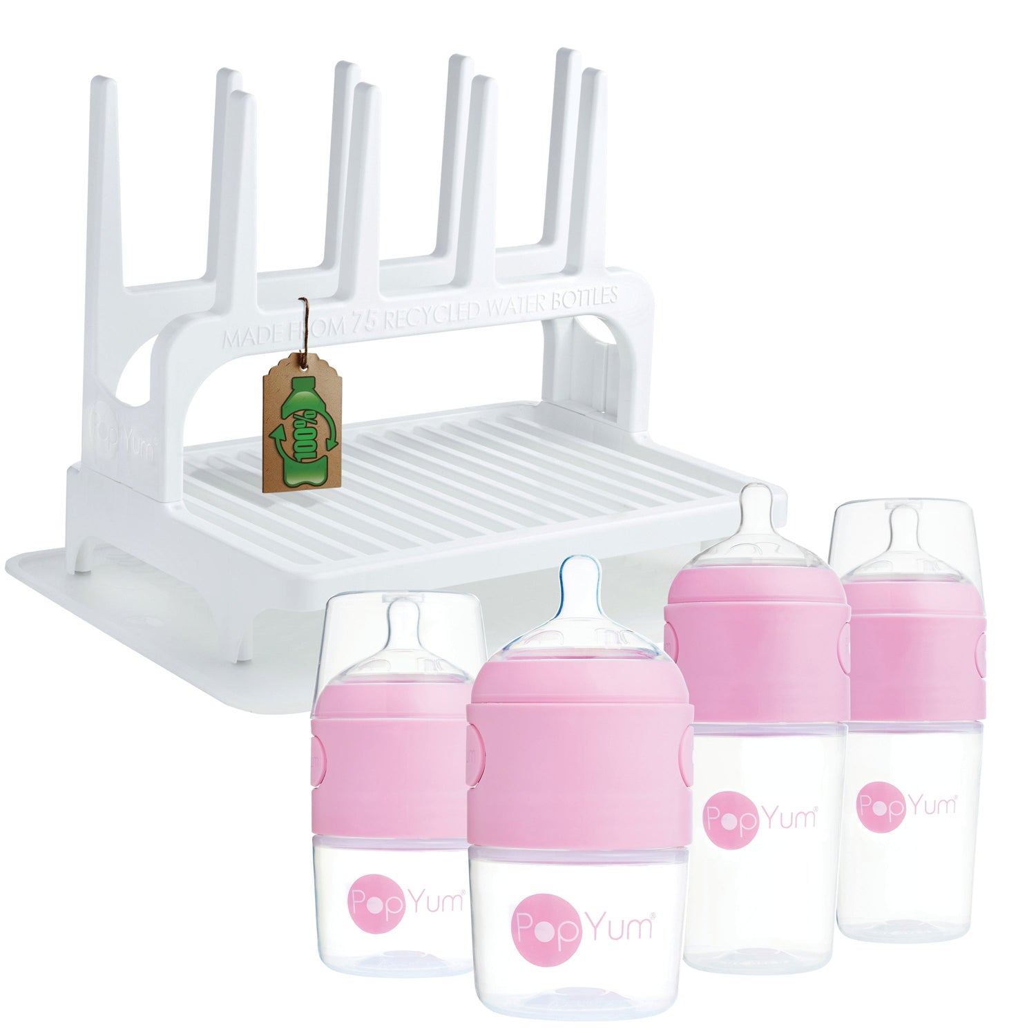 PopYum Pink Baby Bottle 4-Pack Set with White Drying Rack & Clear Drying Mat Bundle