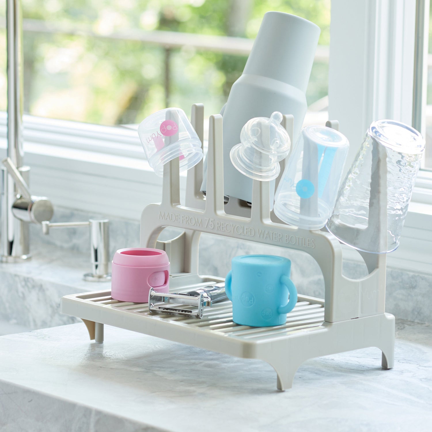 PopYum Seattle Gray Space Saving Drying Rack from 100% Recycled Bottles, countertop for Baby Bottle, Plastic Bags, Cups, Glass, tumblers, Compact