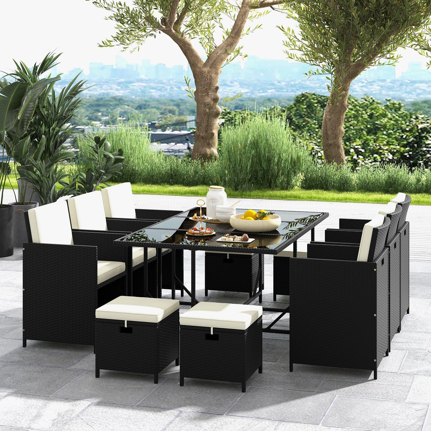 11 Piece Patio Dining Set Wicker Chairs and Tempered Glass Table with Waterproof Cushions-Black & White