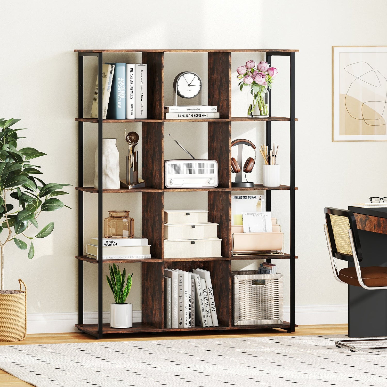 12-Cube Bookcase with 2 Anti-tipping Kits for Living Room-Rustic Brown