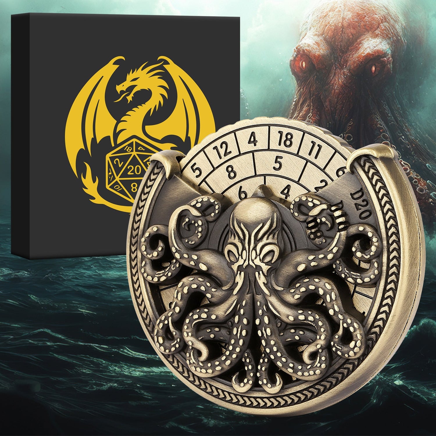 Vintage Kesulu Style, Super Refined Metal Octopus Dice Turntable Gift Box, Immersive Board Game Experience, D20 Random Surprise, Necessary Props For D&D Team