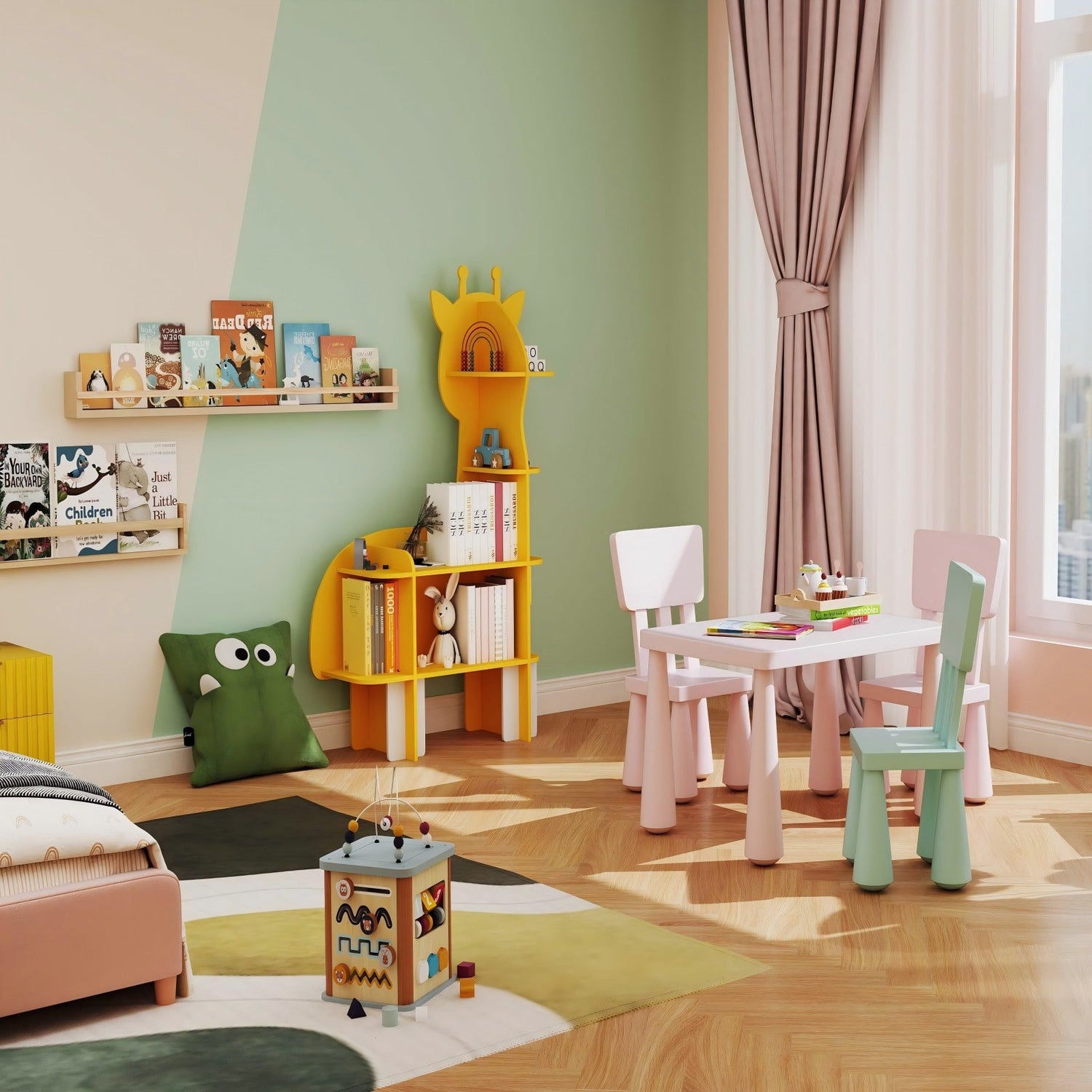 2-in-1 Kids Furniture Set: Twin Bed Frame & 3-Piece Activity Play Table and Chair Set