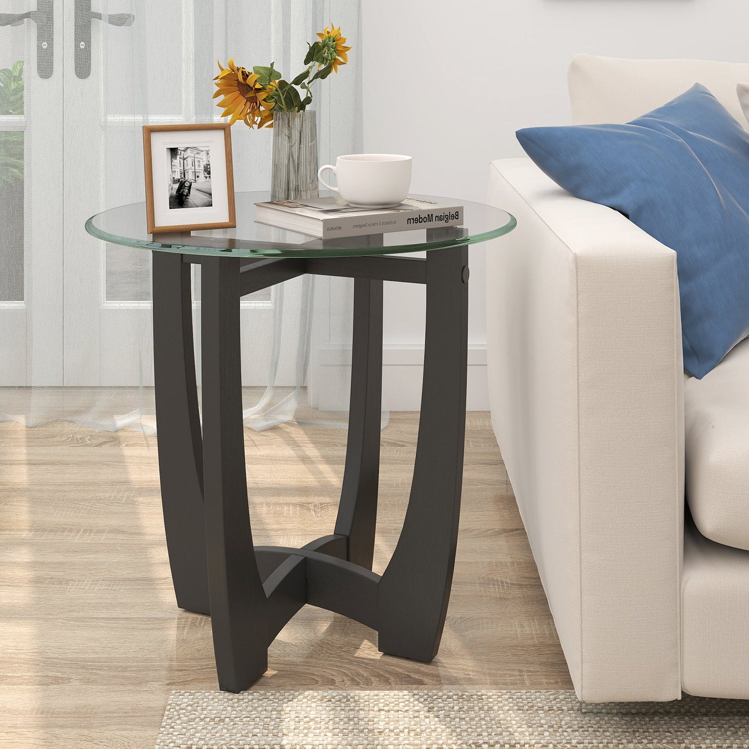 23.5 Inch Round End Side Table with Tempered Glass Tabletop-Black