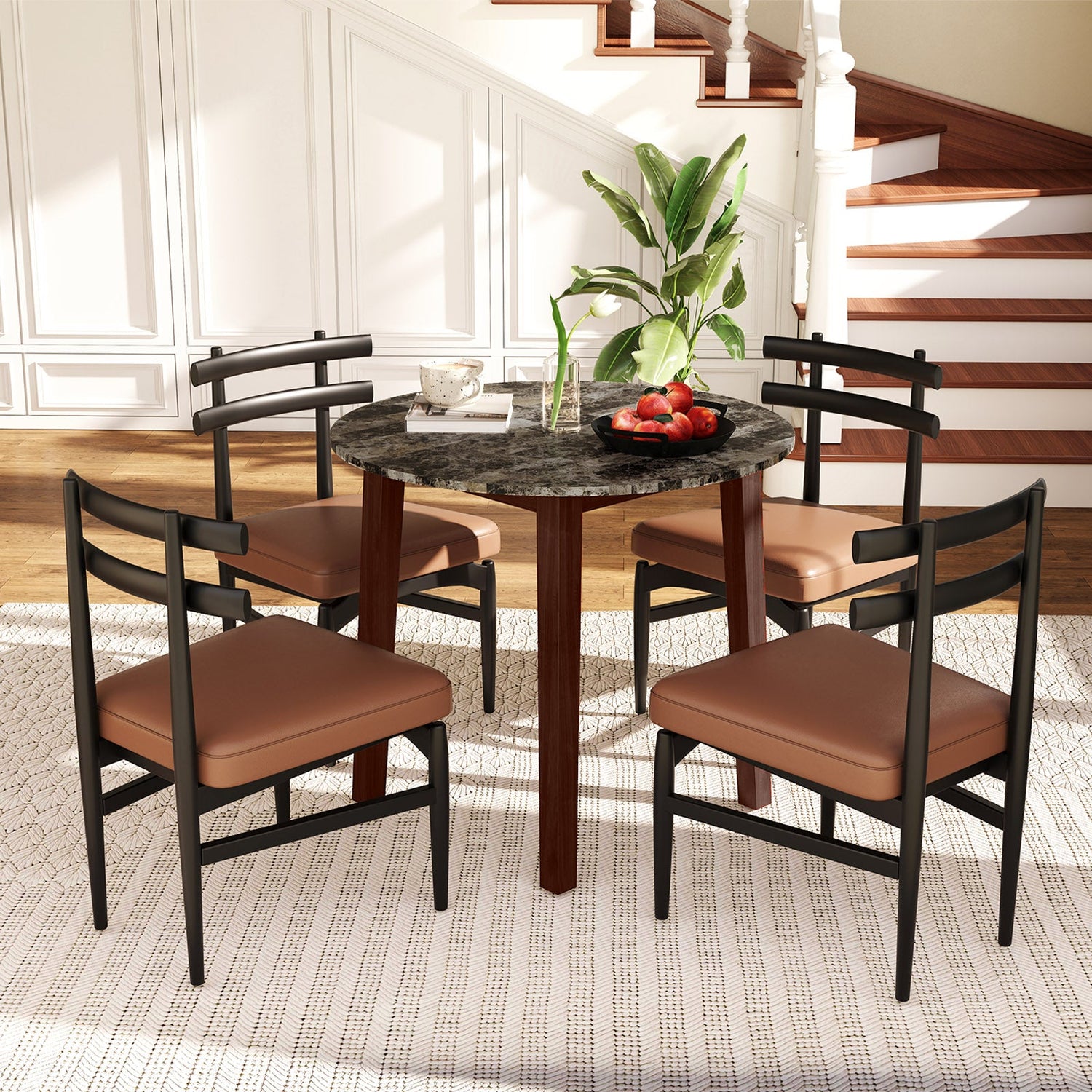 35 Inch Round Dining Table with Rubber Wood Legs and Marble-textured Veneer Tabletop