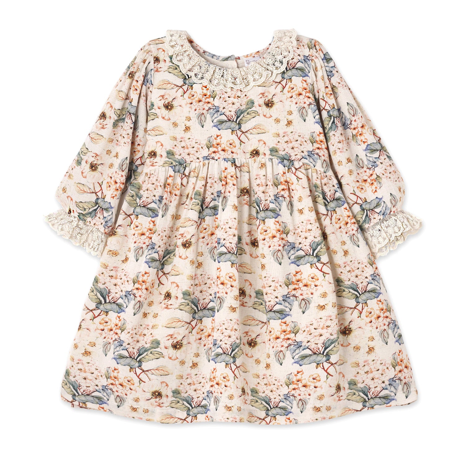 Vintage Floral Dress with Lace Collar Ruffles, Linen Blend