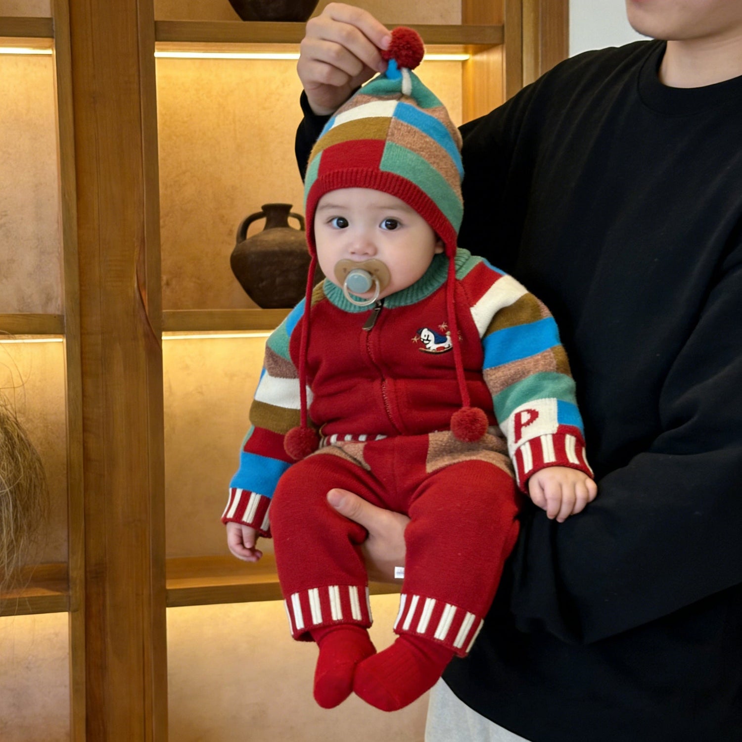 Knitted Contrasting-Color Red Sweater Pants And Hat New Year Three-Piece Set