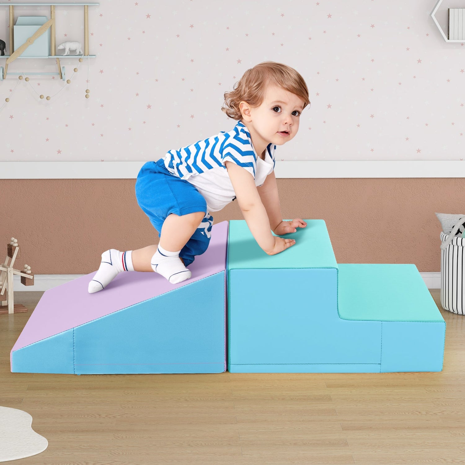 2-Piece Step and Slide Climber for Infants and Toddlers Baby Soft Play Set Foam Blocks-Blue
