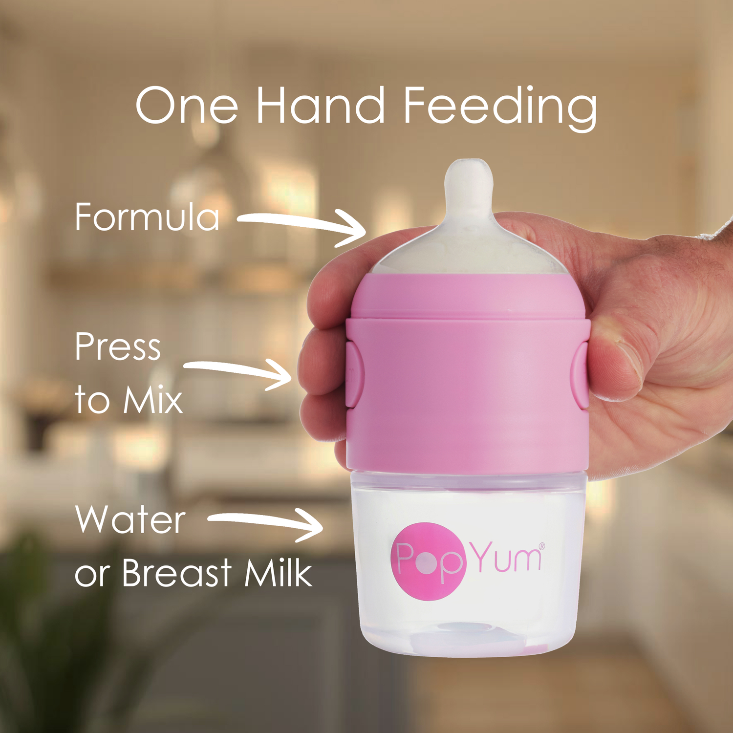 PopYum Pink Formula Making Baby Bottle 4-Pack Set with Gray Drying Rack Bundle
