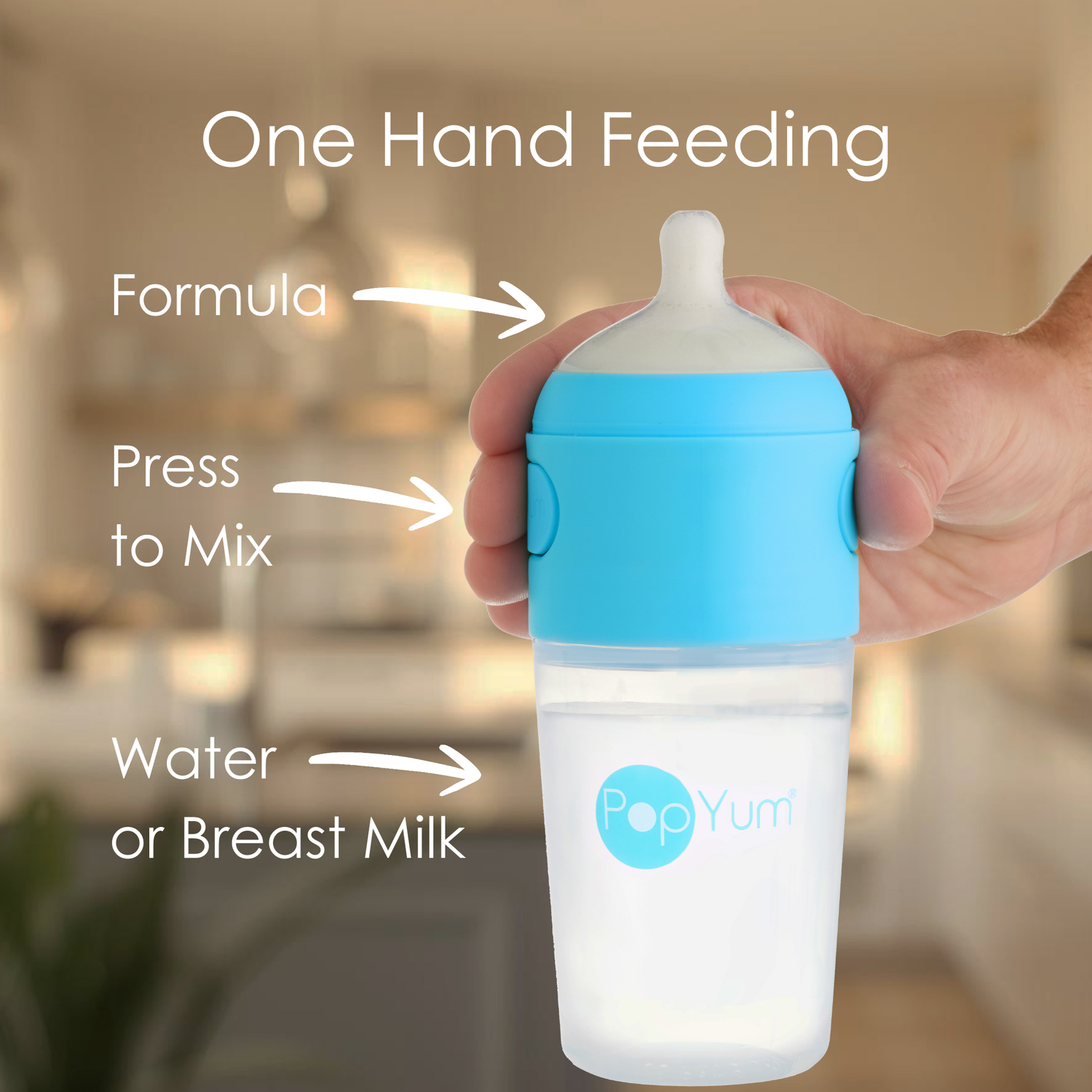 PopYum 9 oz Blue Formula Making Baby Bottle 3-Pk with White Drying Rack & Clear Drying Mat Bundle