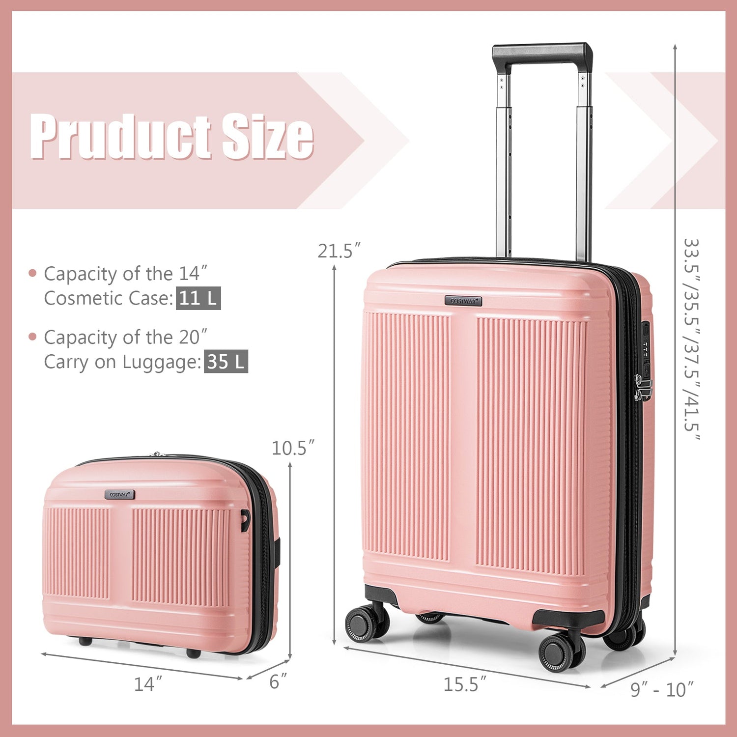 2-Piece Luggage Set 20 Inch Carry-on Suitcase and 14 Inch Cosmetic Case