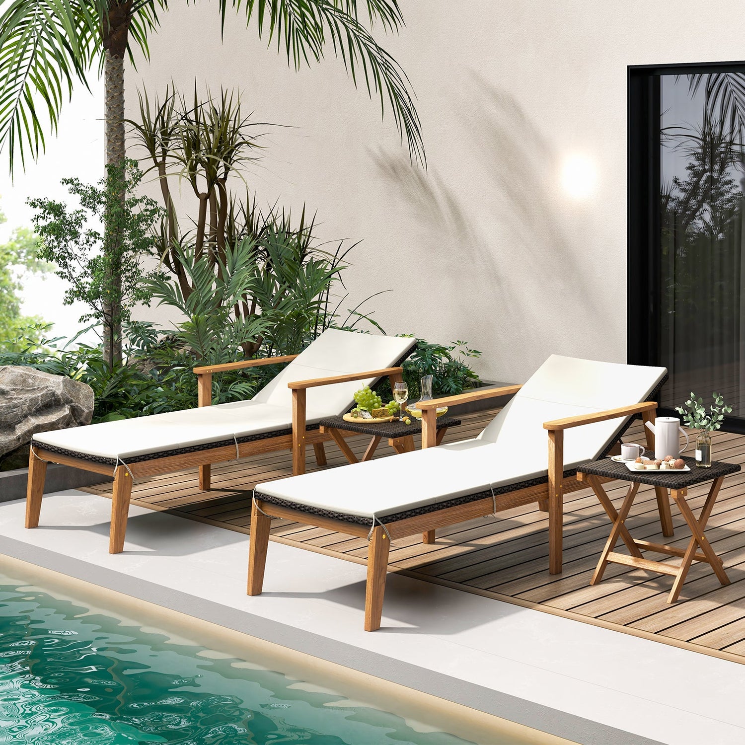 2 Piece Outdoor Chaise Lounge Chair Set Rattan Patio Chaise with Armrests
