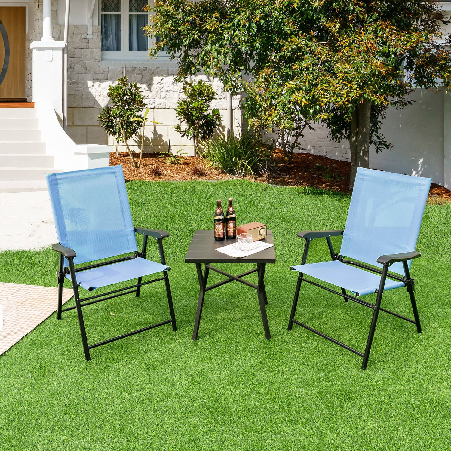 2 Set of Patio Dining Chair with Armrests and Metal Frame