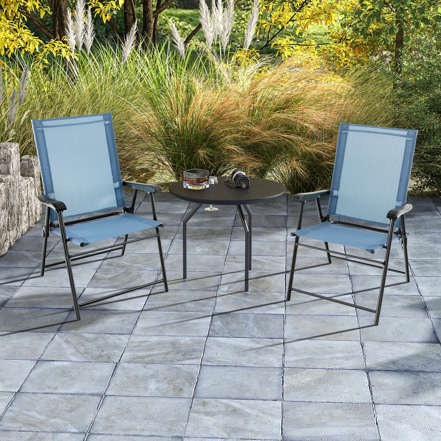 2 Set of Patio Dining Chair with Armrests and Metal Frame