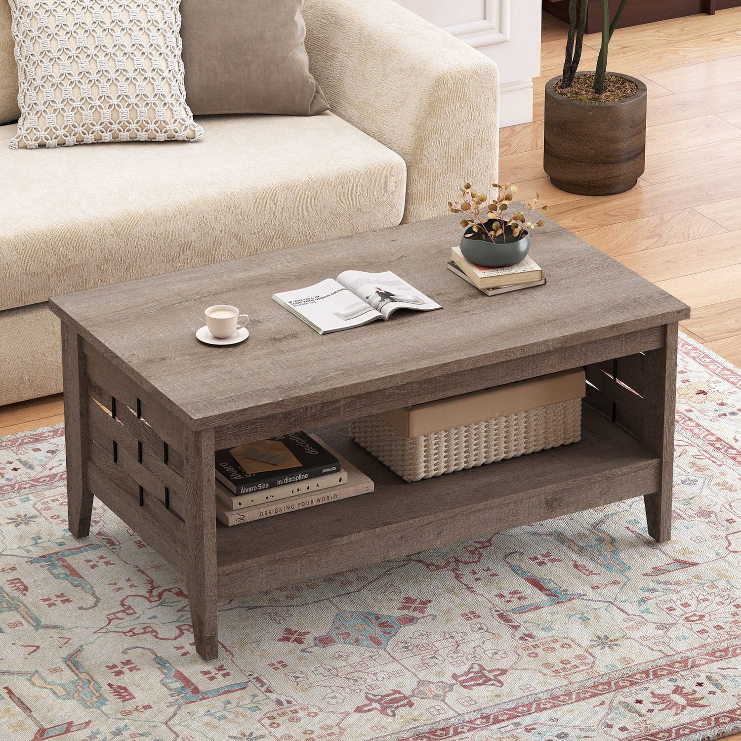 2-Tier Farmhouse Coffee Table with Open Shelf and Woven Decorations for Living Room