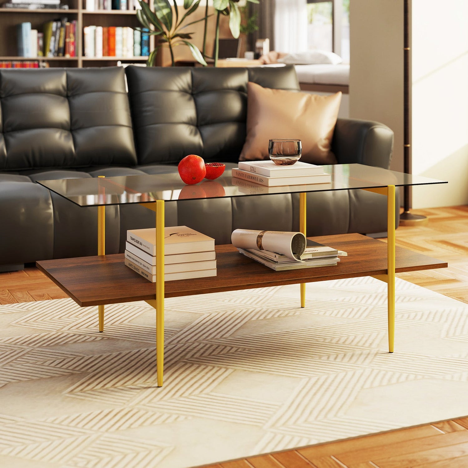 2-Tier Glass Coffee Table with Tampered Glass Tabletop and Open Storage Shelf-Brown