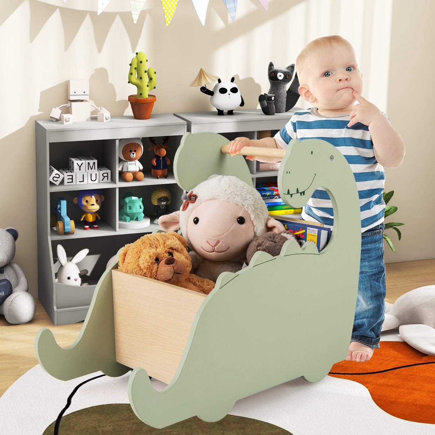2 in 1 Wooden Baby Push Walker with Pine Wood Handle-Green