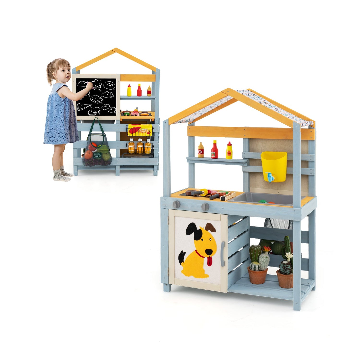 2 in 1 Wooden Mud Kitchen with Removable Water Box  and Storage Bag-Gray