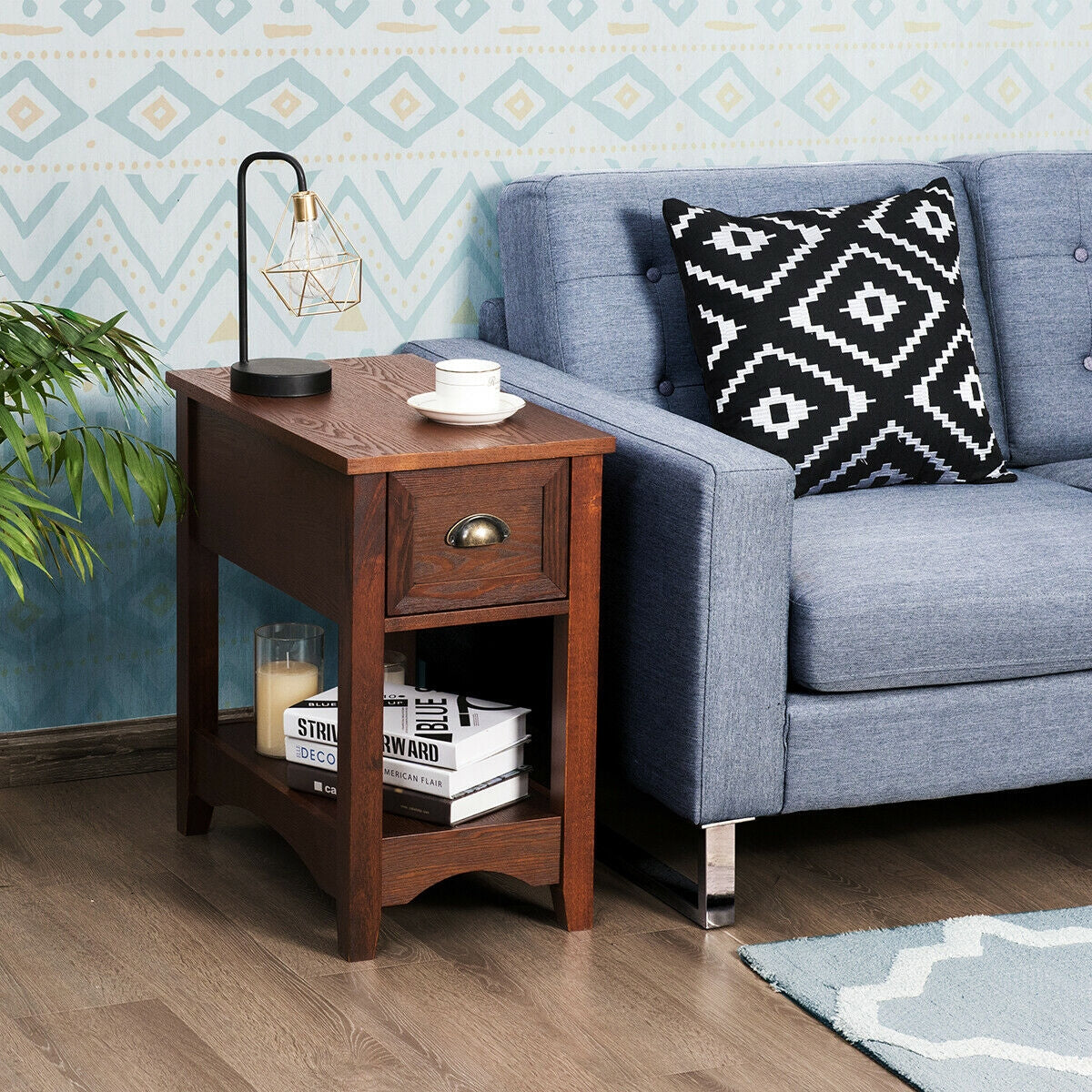 2 Pieces Retro Narrow Tiered End Table with Drawer and Storing Shelf