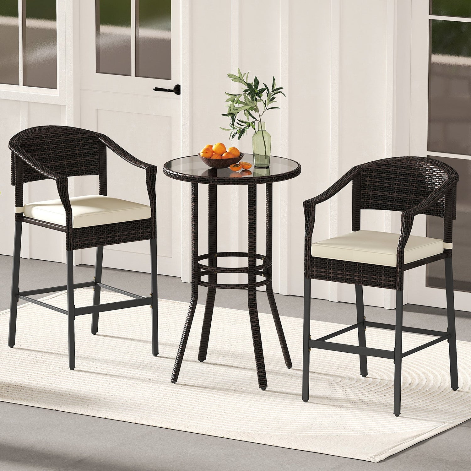 3-Piece Patio Rattan Bar Set with Tempered Glass Top for Backyard Poolside