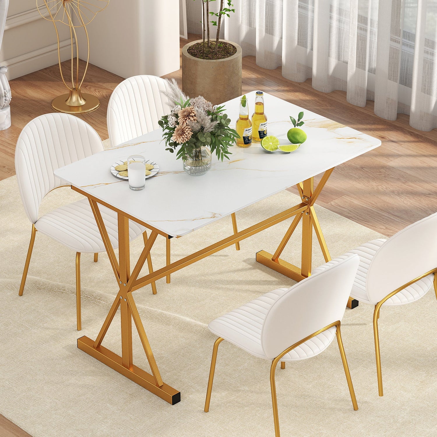 44 Inches Sintered Stone Dining Table with Metal Frame and Faux Marble Tabletop-White