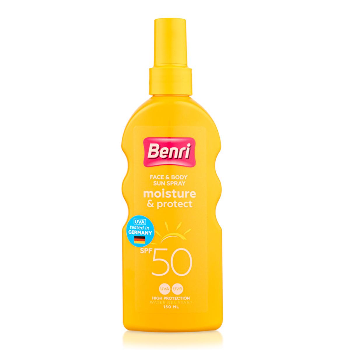 Benri 50 SPF Sunscreen Spray: Broad Spectrum UVA/UVB Protection, Water Resistant, Protects Sensitive Skin, 150ml
