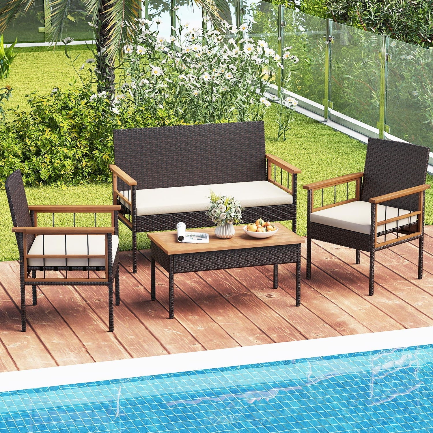 4 Pieces Wicker Furniture Set with Acacia Wood Tabletop and Armrests for Porch-White
