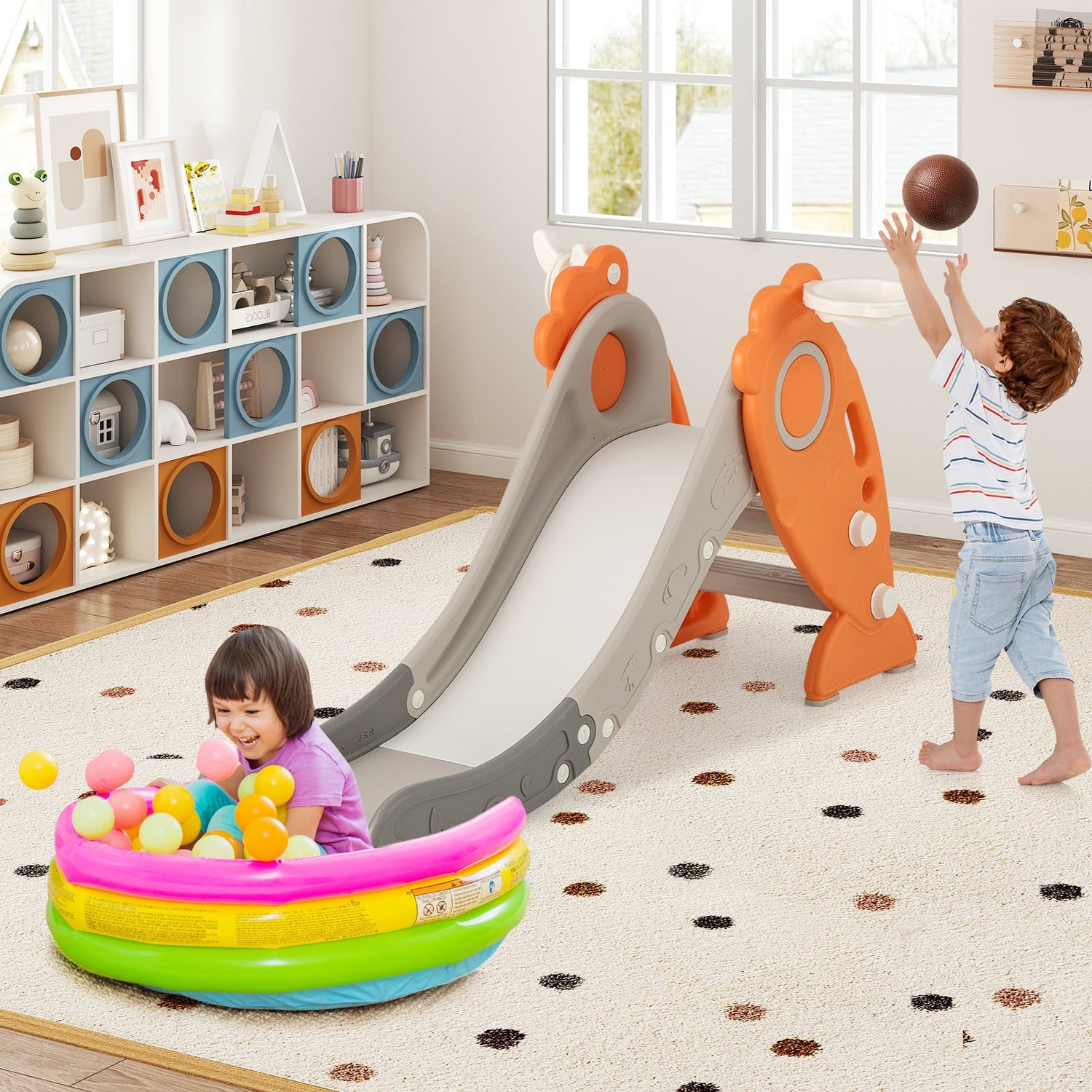 4 in 1 Indoor Slide for Kids Age 3+ Years with Basketball Hoop and Rings-Orange