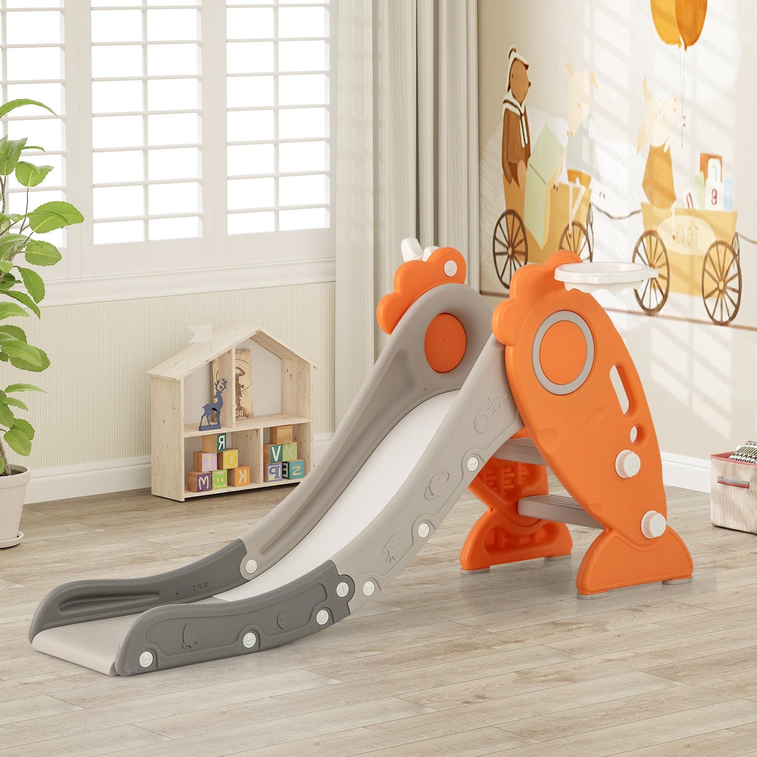 4 in 1 Indoor Slide for Kids Age 3+ Years with Basketball Hoop and Rings-Orange