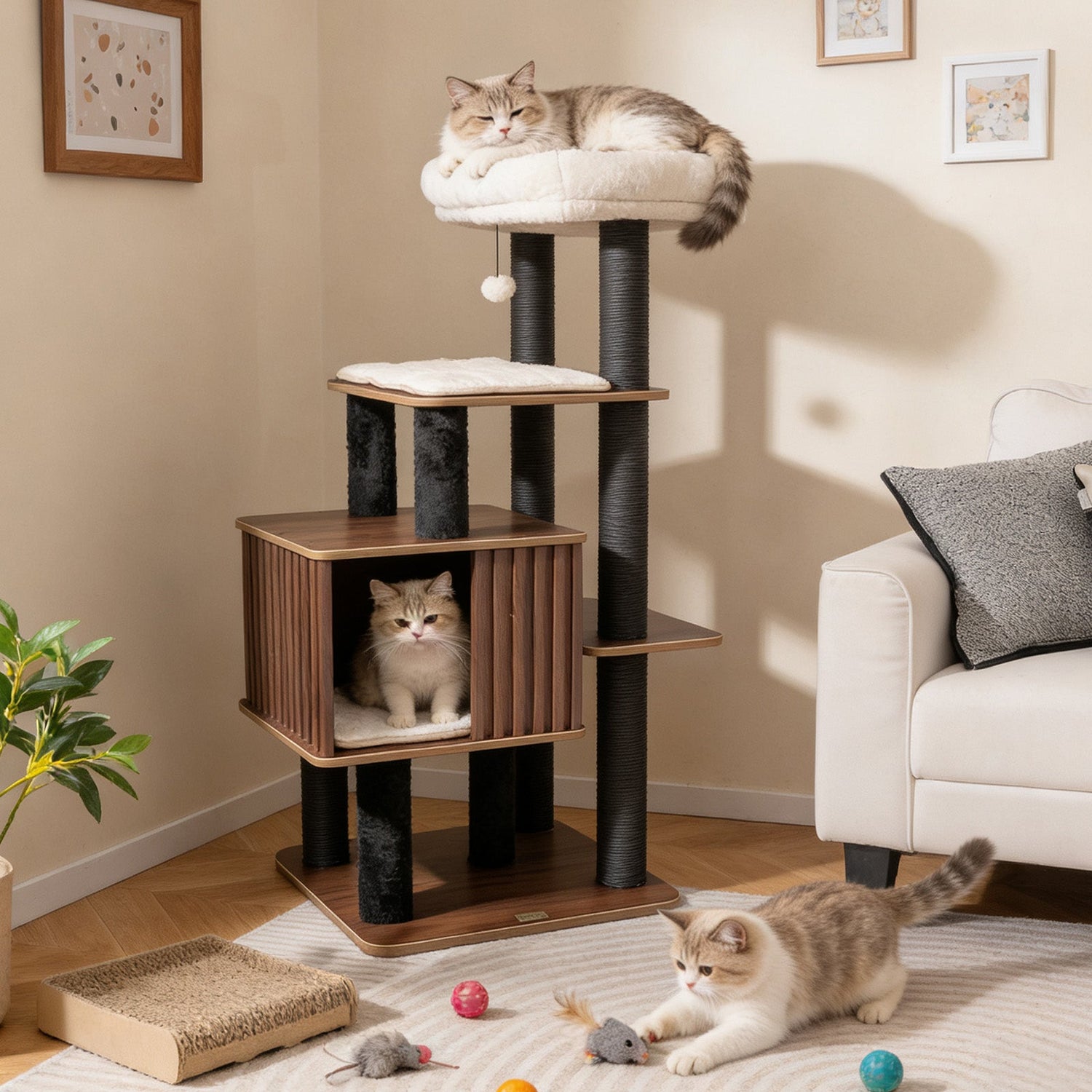 53.5 inch Tall Cat Tree for Indoor Cat Wooden Cat Tower Top Perch with Soft Padding-Brown