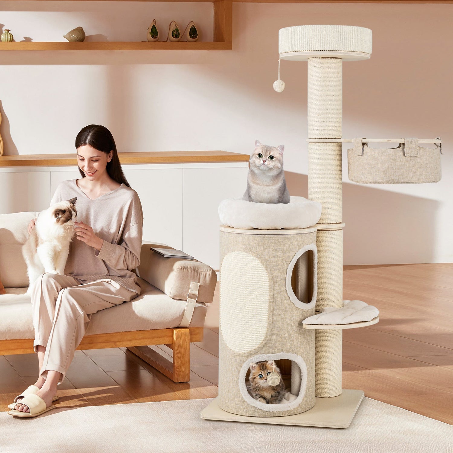 61 Inches Cat Tree for Indoor Cats with 2-stoery Condo and Top Perch-Natural