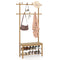 Bamboo Coat Rack PE Rattan Hall Tree with Bench and Shoe Storage 3-In-1 Entryway Bench