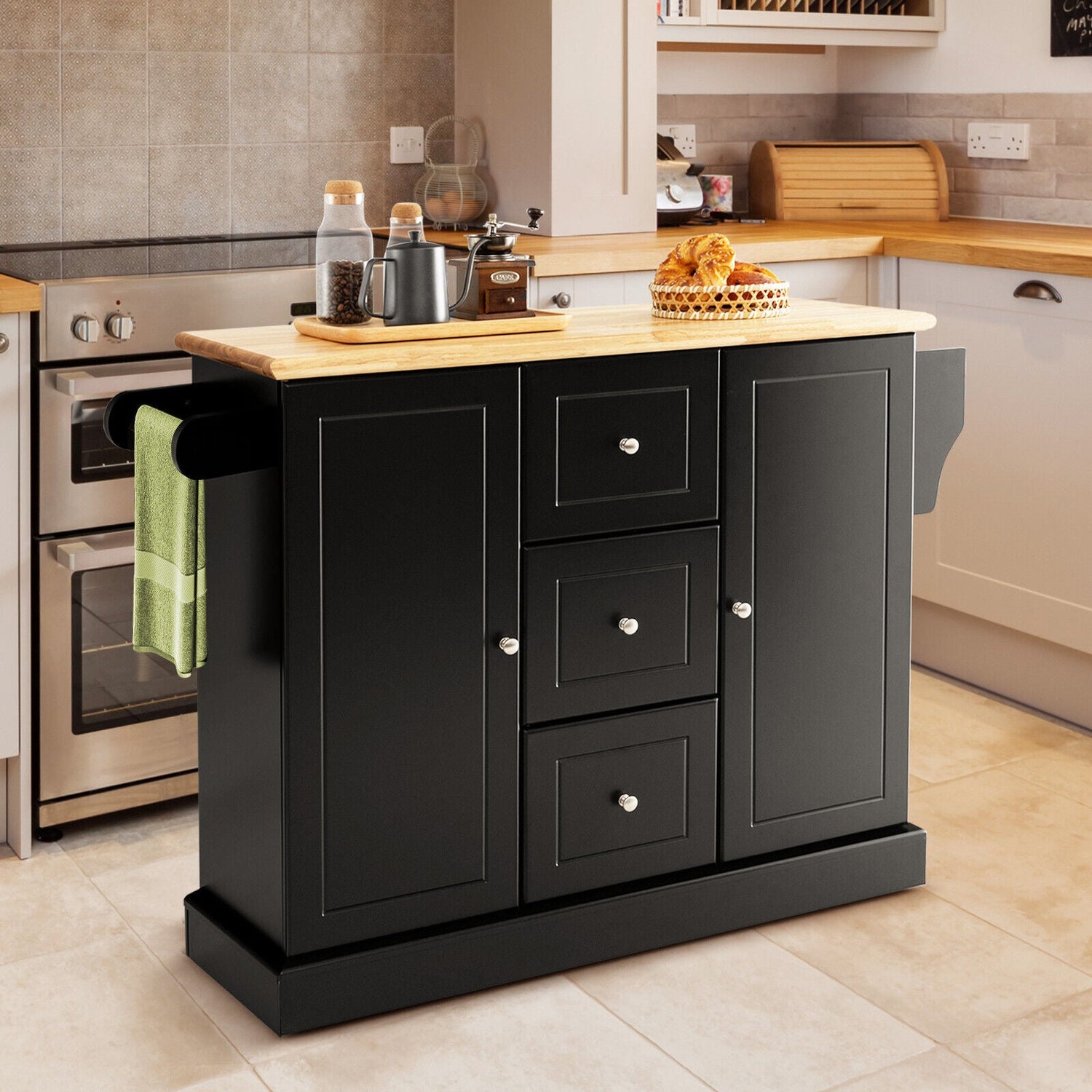 2-Door Large Mobile Kitchen Island Cart with Hidden Wheelsand 3 Drawers
