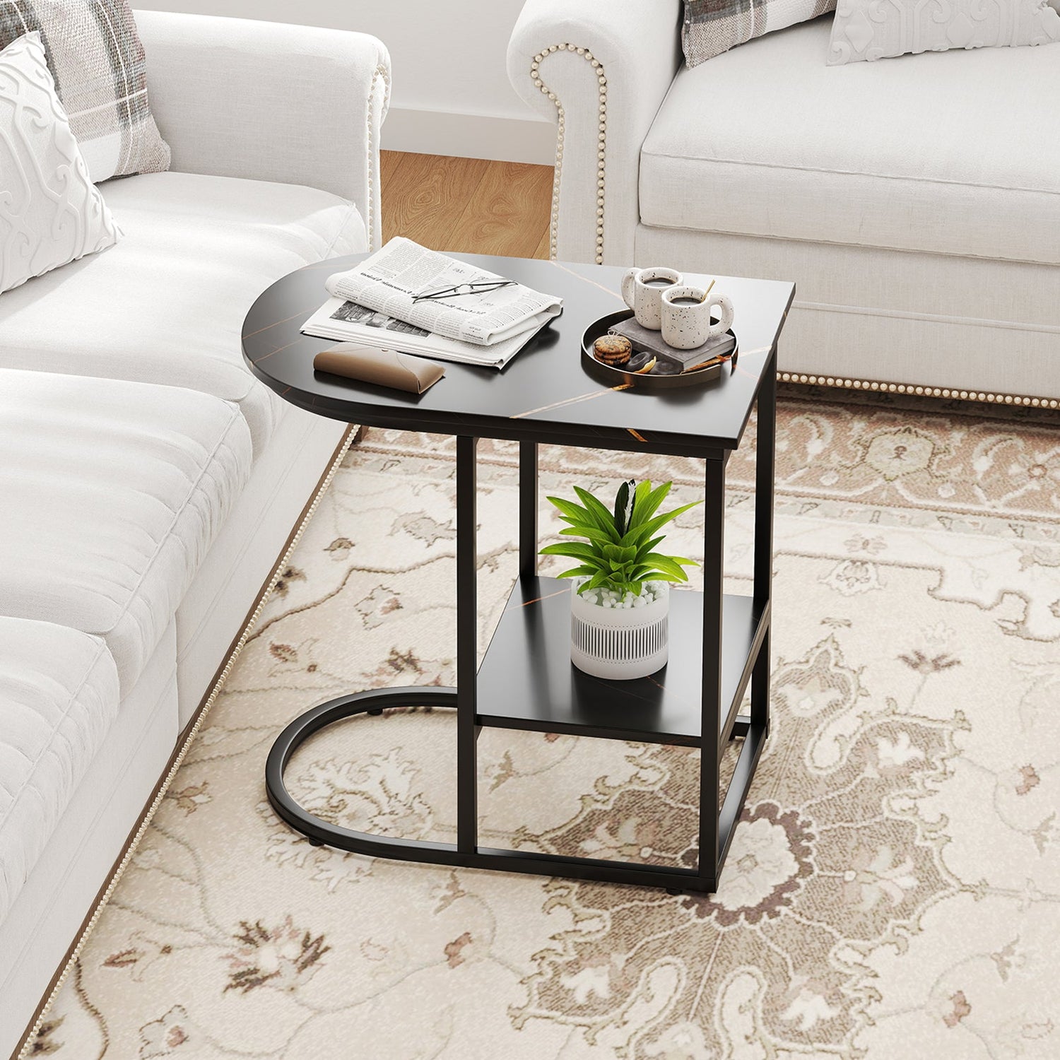 C-shaped Modern Sofa Side Table with Faux Marble Tabletop and Storage Shelf