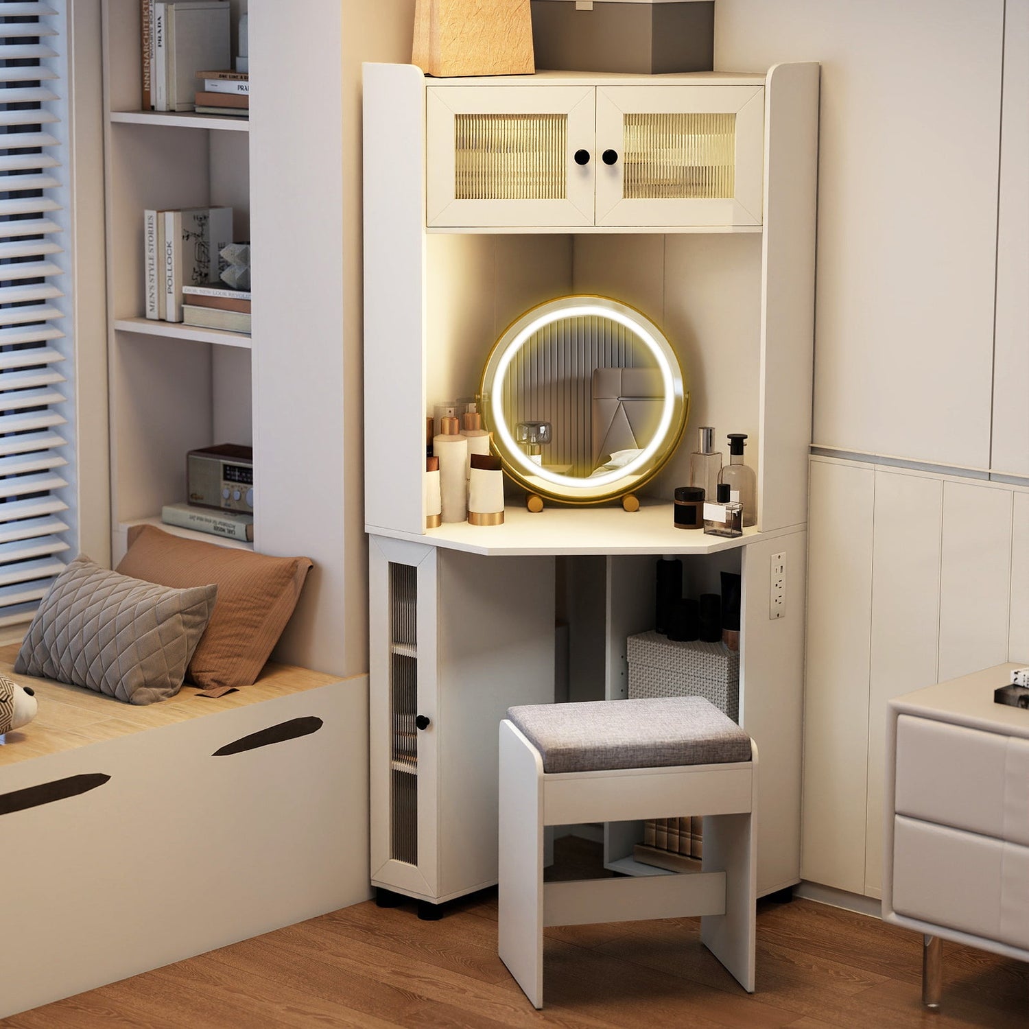 Compact Dressing Corner Vanity Desk with Mirror and Lights-White