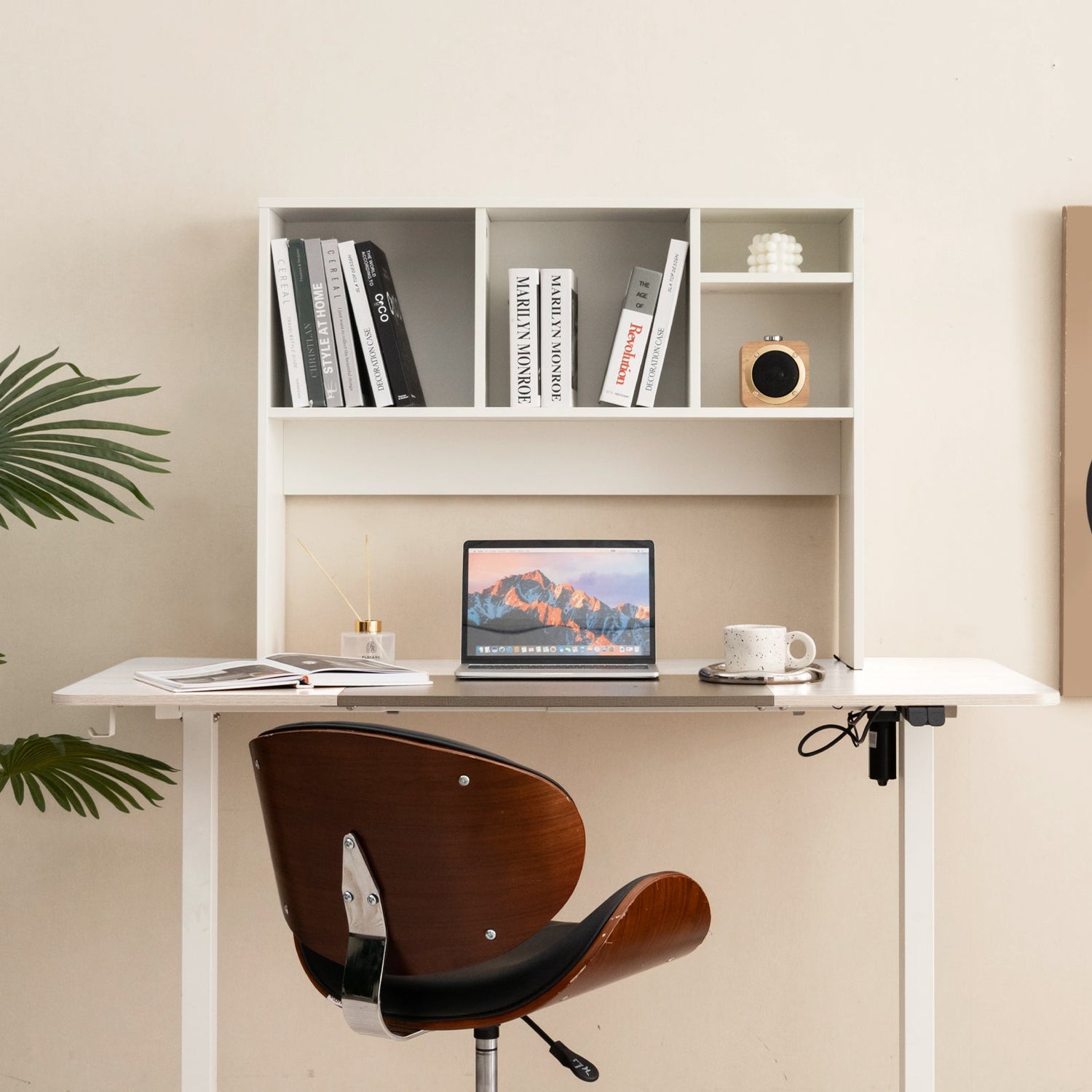 Computer Desktop Bookcase with 4 Cubbies and Open Back Compartment