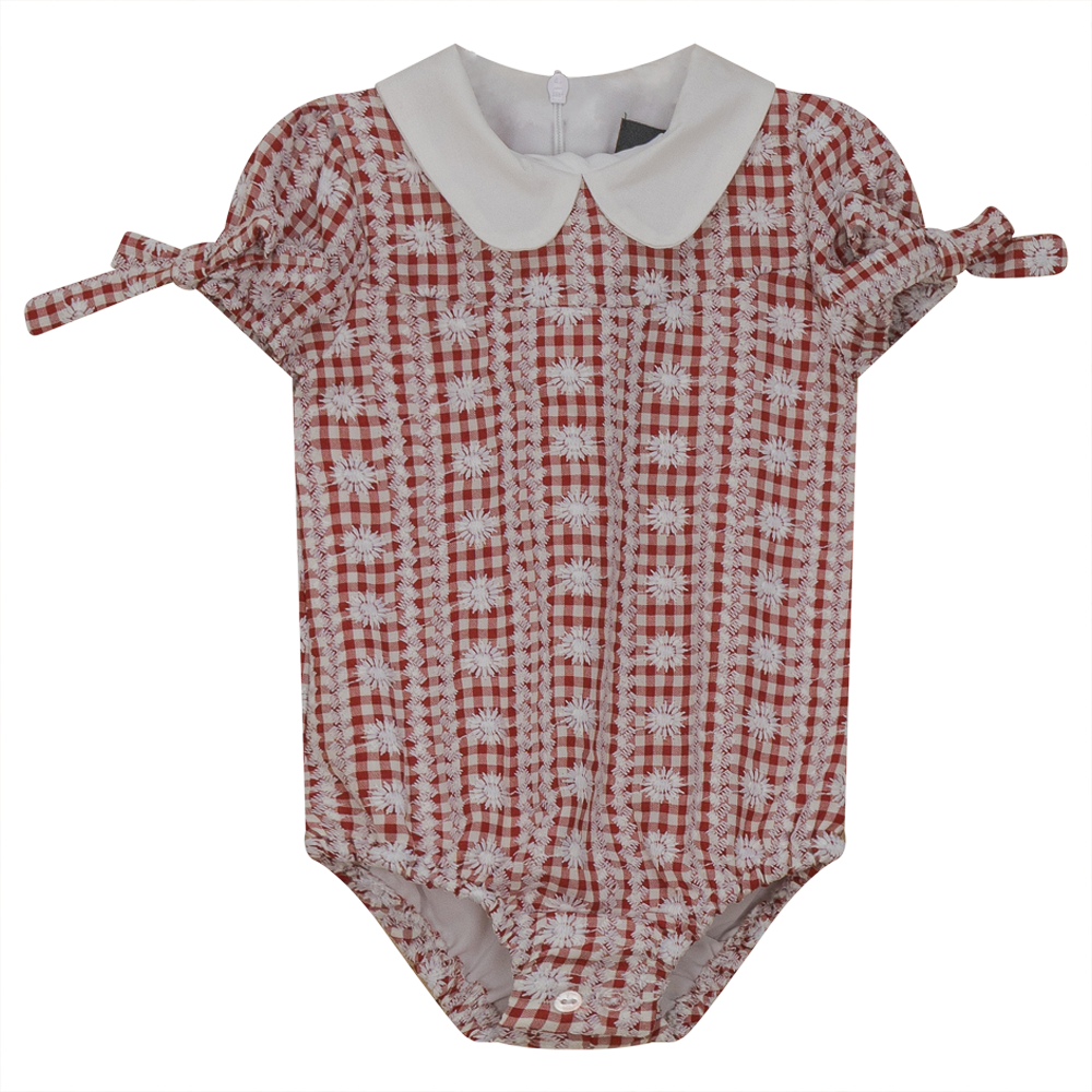 Embroided Gingham Romper With White Contrast Collar