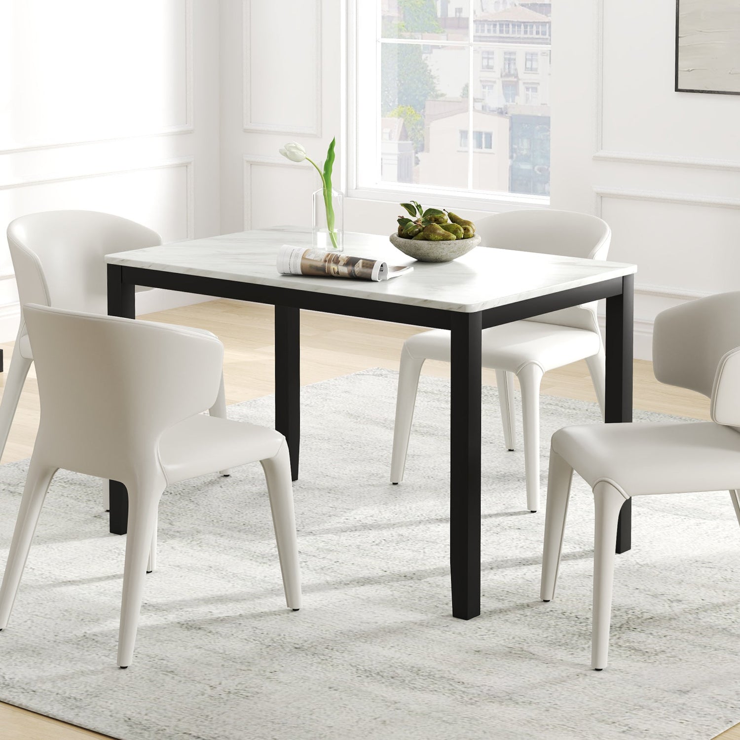 45 Inch Rectangular Mid Century Dining Table with Faux Marble Tabletop for 4 People-Black & White