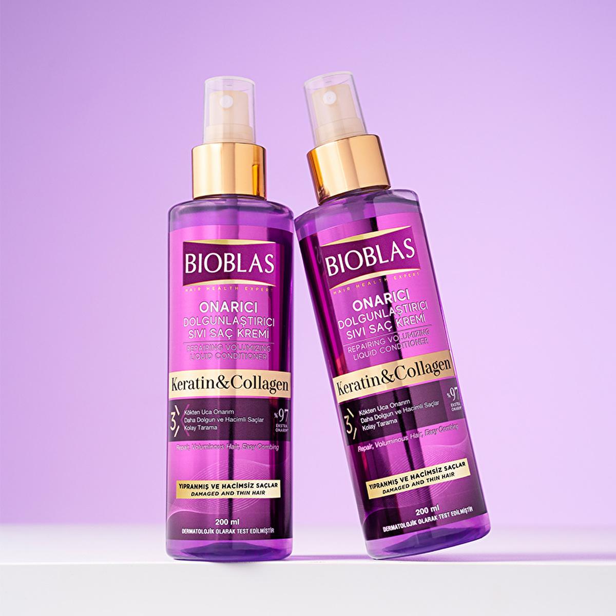 Bioblas Collagen & Keratin Leave-In Hair Conditioner: Volumizing, Thickening & Anti-Frizz for Fine Hair - Enhances Shine & Prevents Hair Loss