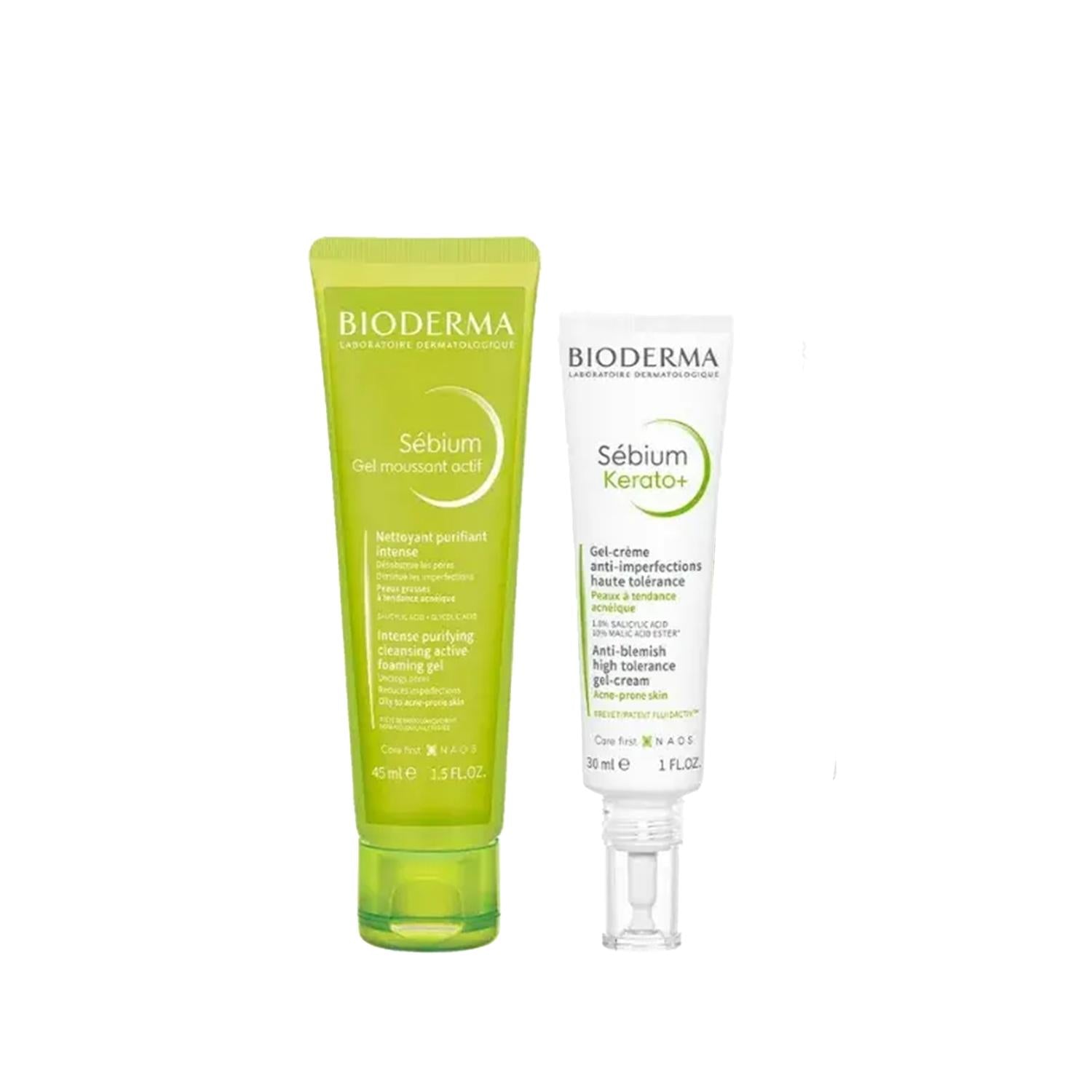 Bioderma Skincare Product Set - Sebium Kerato+ & Foaming Gel Active for Acne-Prone & Oily Skin