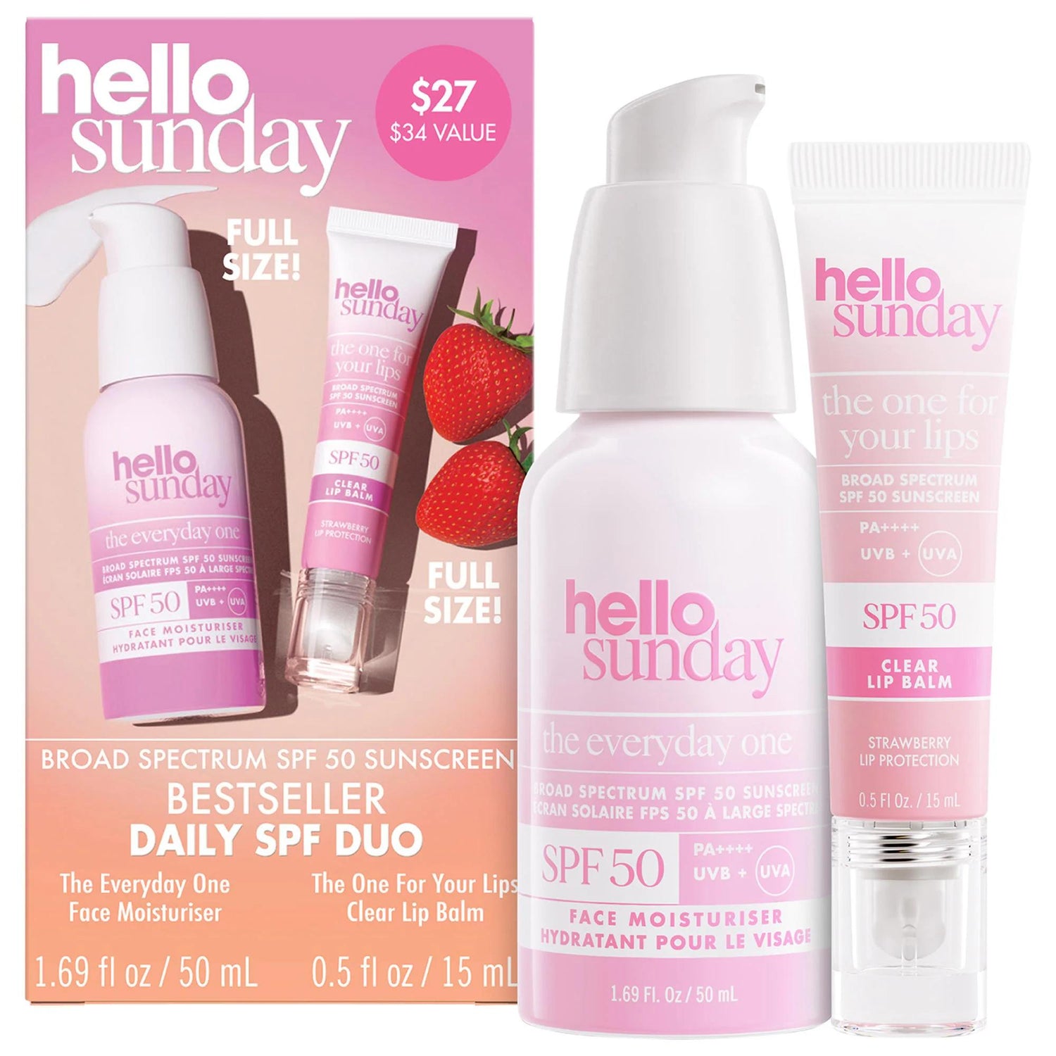 Bestseller: Daily SPF 50 Sunscreen & Strawberry Lip Balm Duo | Broad Spectrum UVA/UVB Protection, Hydrating Hyaluronic Acid, Vegan & Cruelty-Free