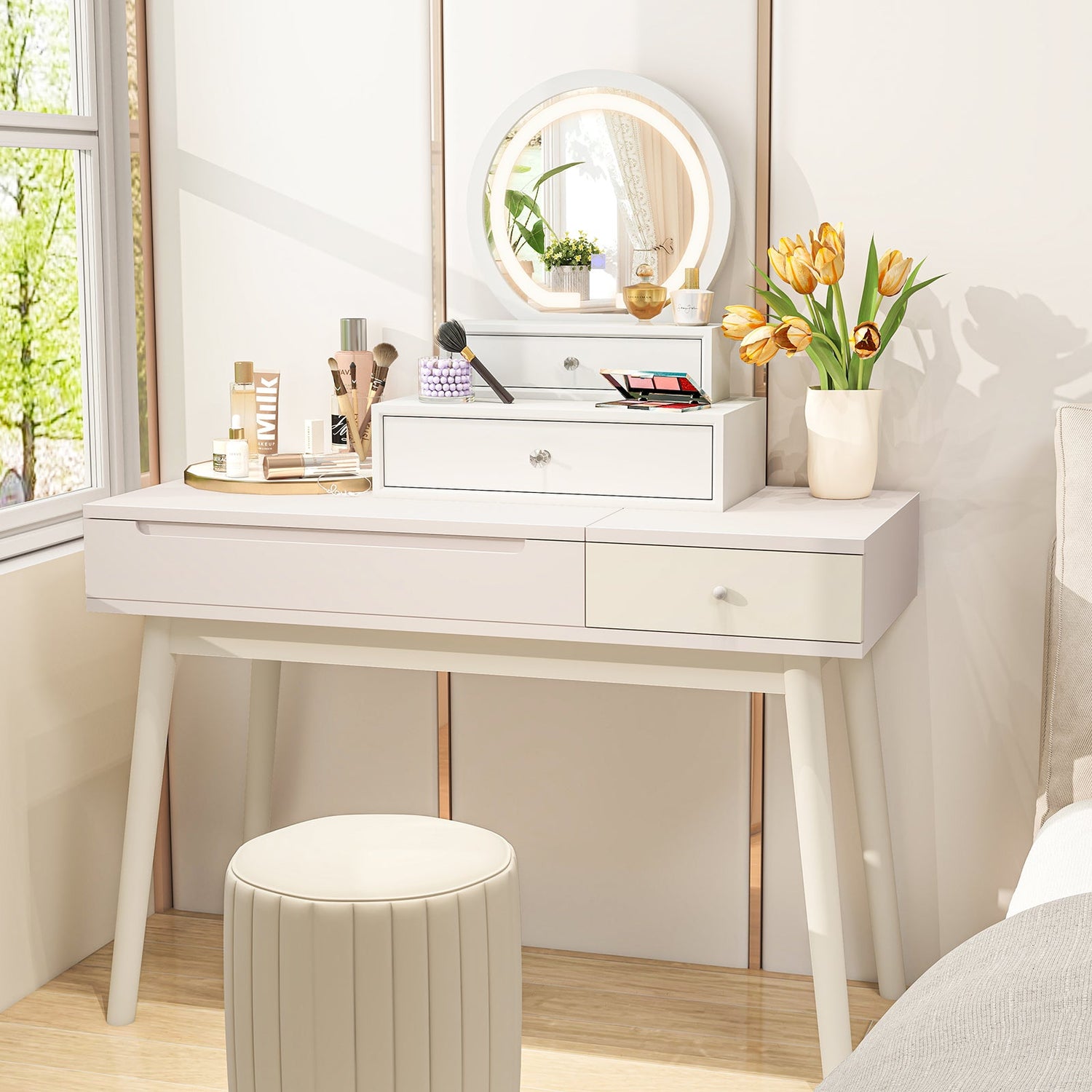 LED Lighted Vanity Mirror for Bedroom Tabletop-White