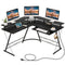 L-shaped Computer Desk with Power Outlet and Monitor Stand