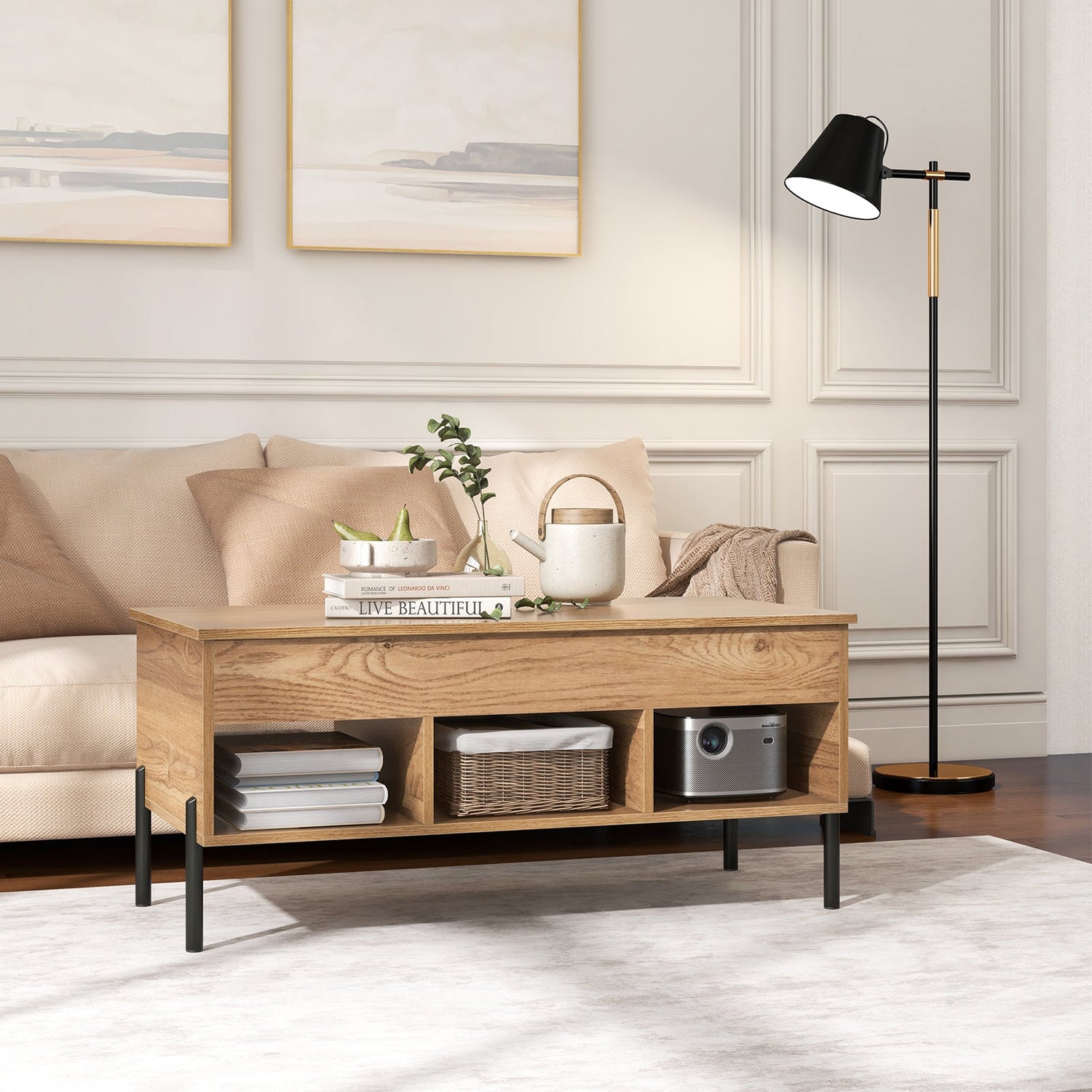 Living Room Central Table with Lifting Tabletop and Metal Legs-Natural