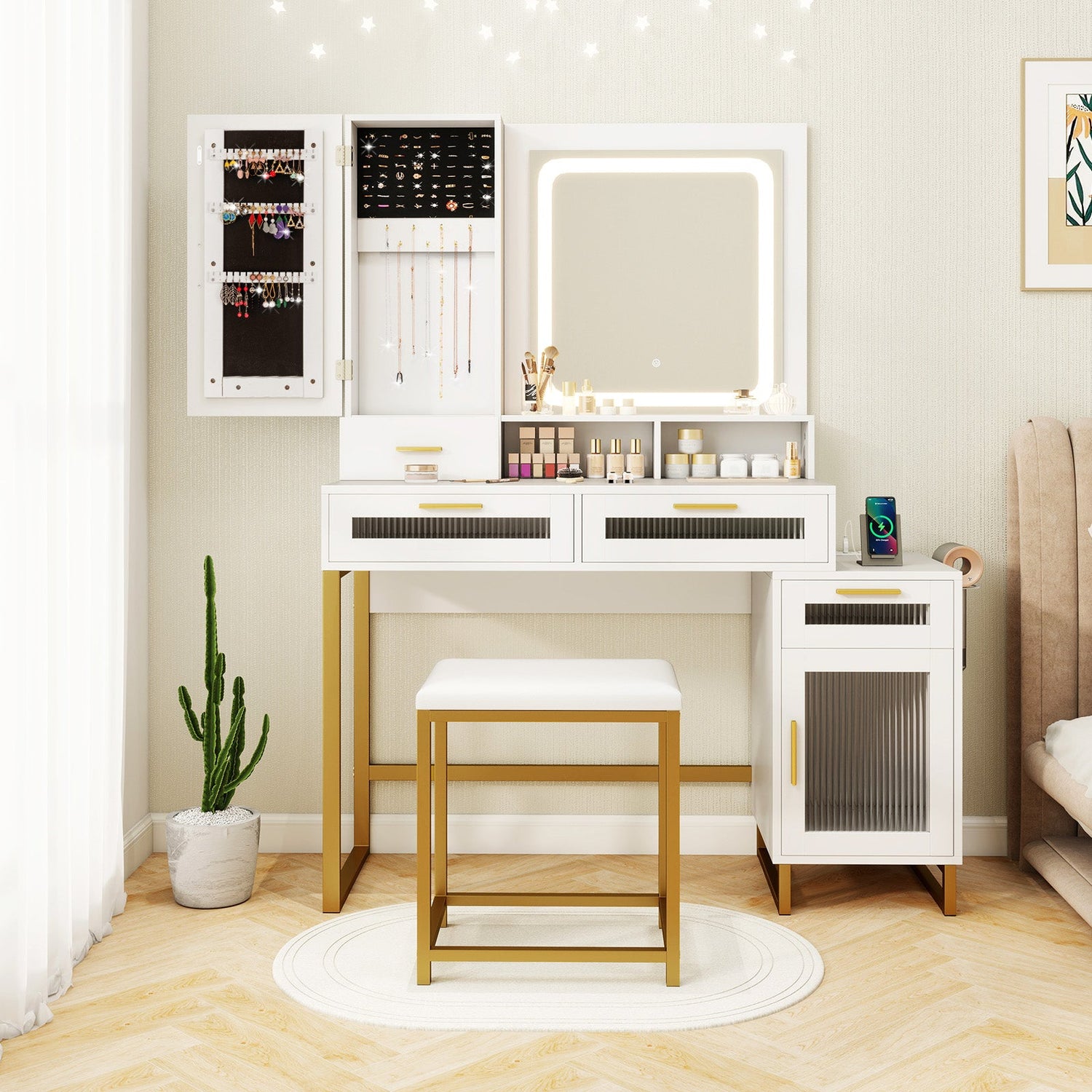 Makeup Vanity Desk Dressing Table and Stool Set with Lighted Mirror-White