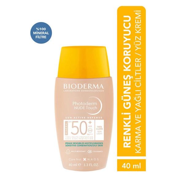 Bioderma Photoderm Nude Very Light SPF50+ Tinted Sunscreen Cream for Oily Skin - Mineral, Non-Comedogenic, 1.35 fl oz