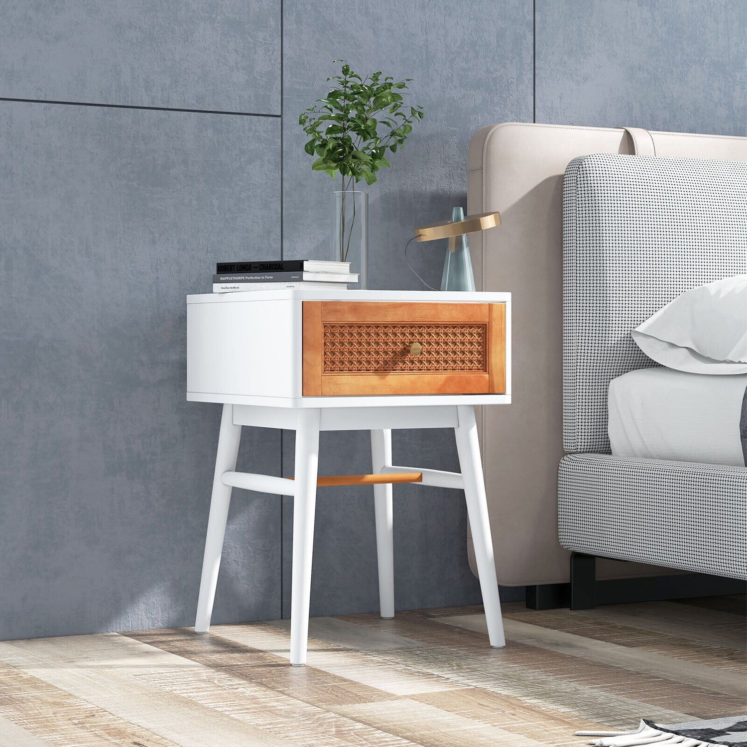 1-Drawer Modern Bedside Table with Solid Wood Legs