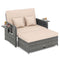 Patio Wicker Loveseat Sofa with Multipurpose Ottoman and Retractable Side Tray