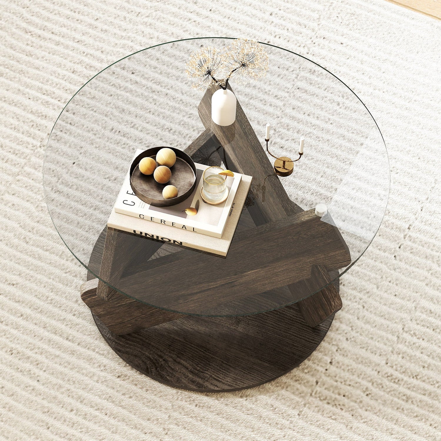 Round Glass Coffee Table 32 Inch Modern Center Table with Tempered Glass Top-Gray